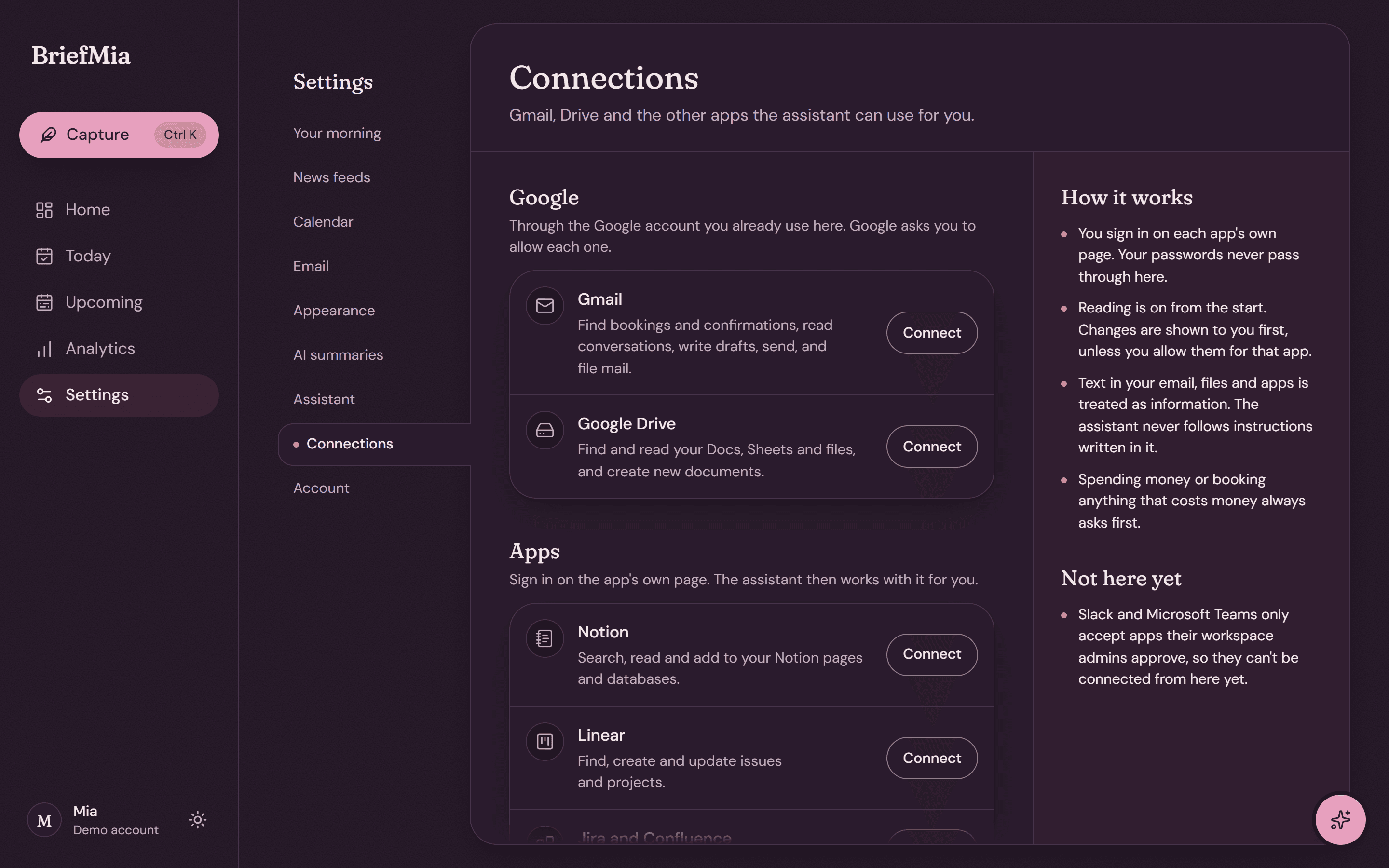 Settings, Connections: switches for Gmail, Google Drive and other apps the assistant can use.