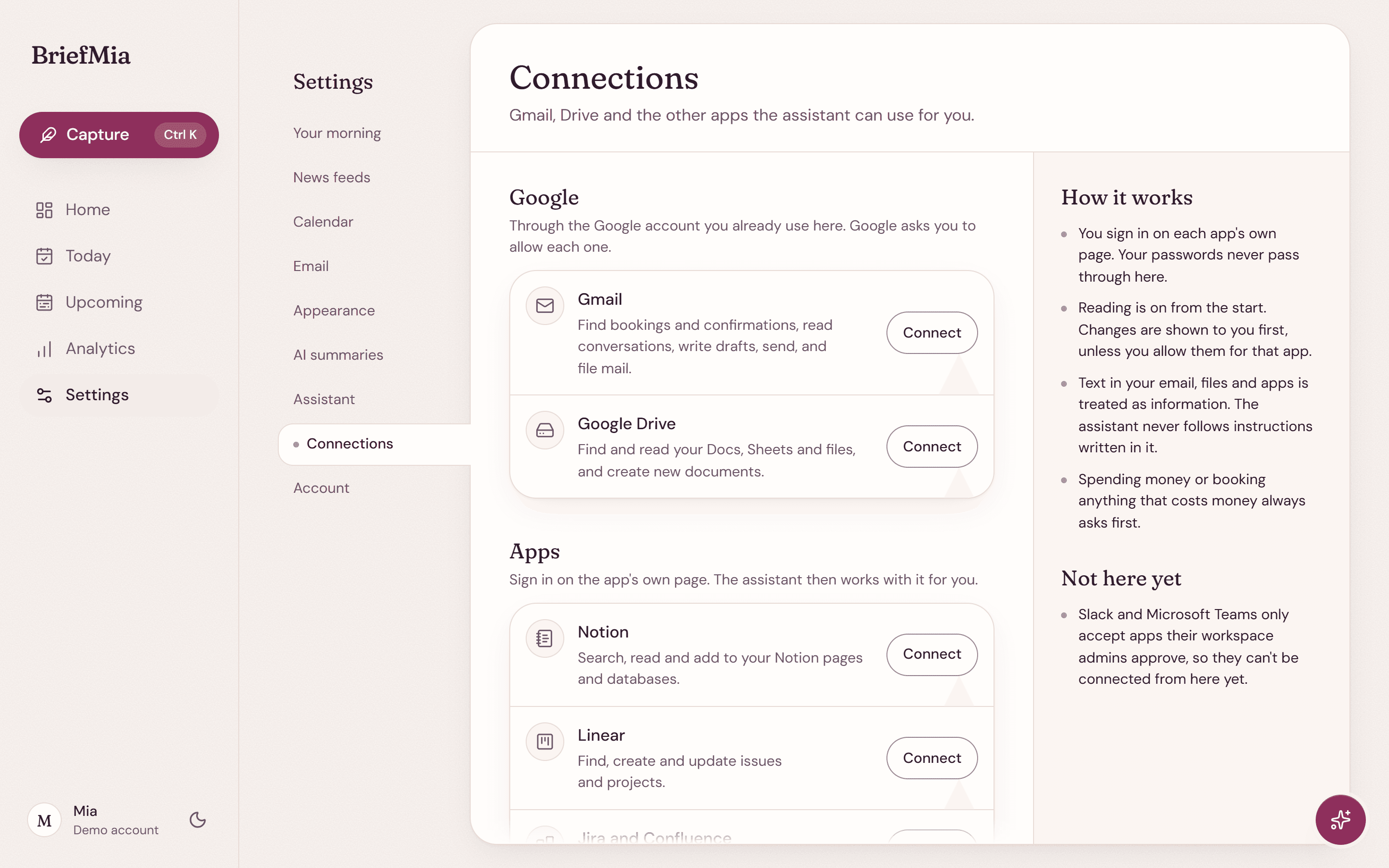 Settings, Connections: switches for Gmail, Google Drive and other apps the assistant can use.