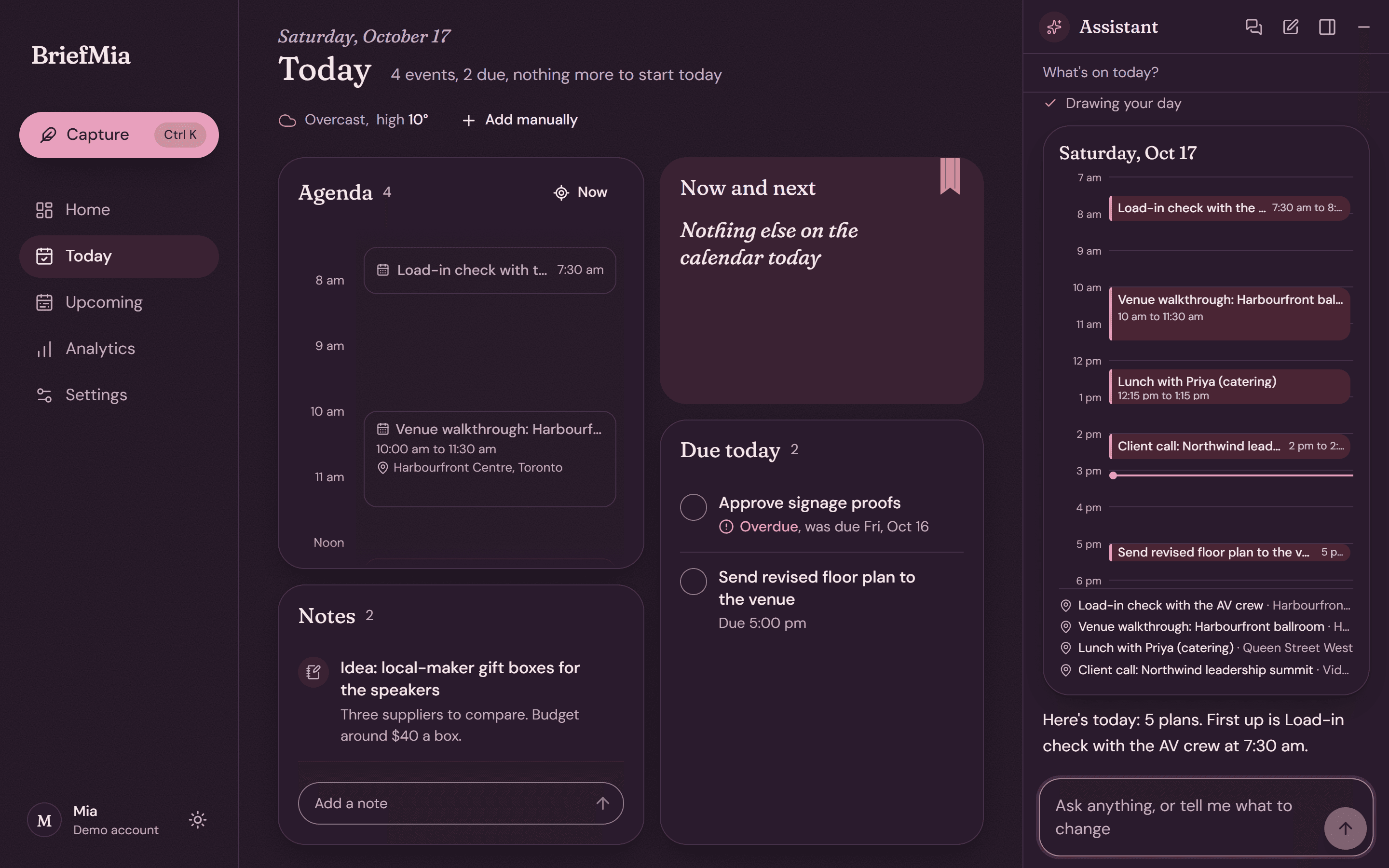 The assistant docked beside the page, answering what is on today with a small day calendar.
