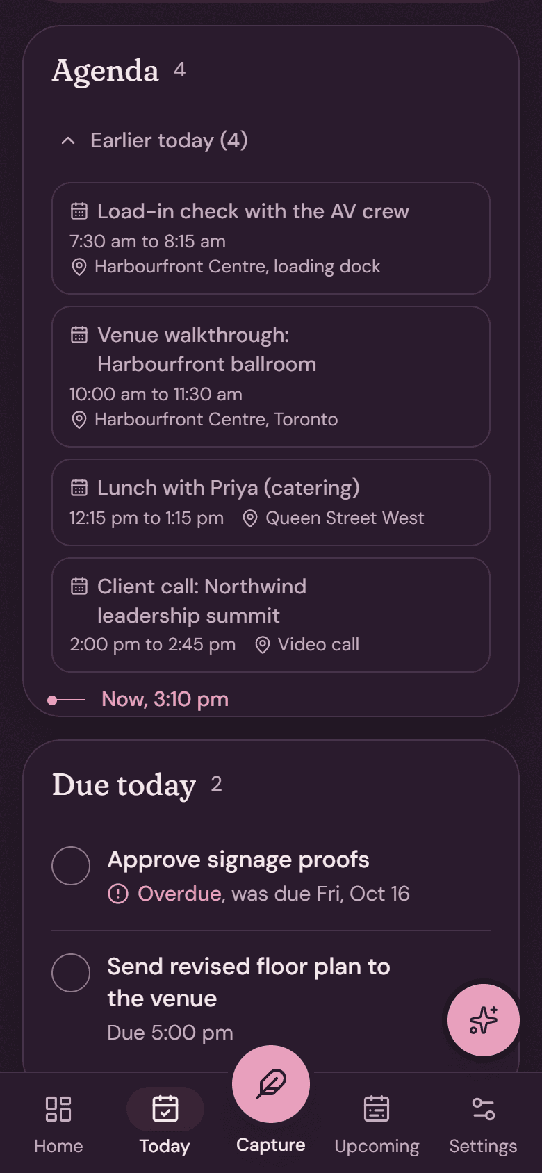 Today on a phone: the agenda and what is due, with the tab bar and capture button.